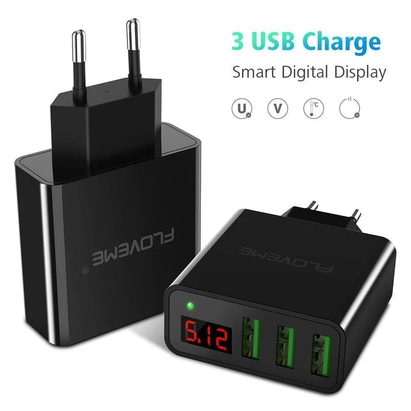 FLOVEME 5V3A LED-Anzeige 3-Port-USB-Ladegerät für iPhone X Xs Max Universelles Schnelllade-Handy-Ladegerät für Xiaomi Huawei