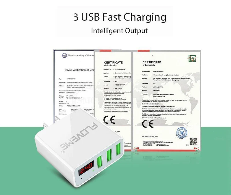 FLOVEME 5V3A LED-Anzeige 3-Port-USB-Ladegerät für iPhone X Xs Max Universelles Schnelllade-Handy-Ladegerät für Xiaomi Huawei