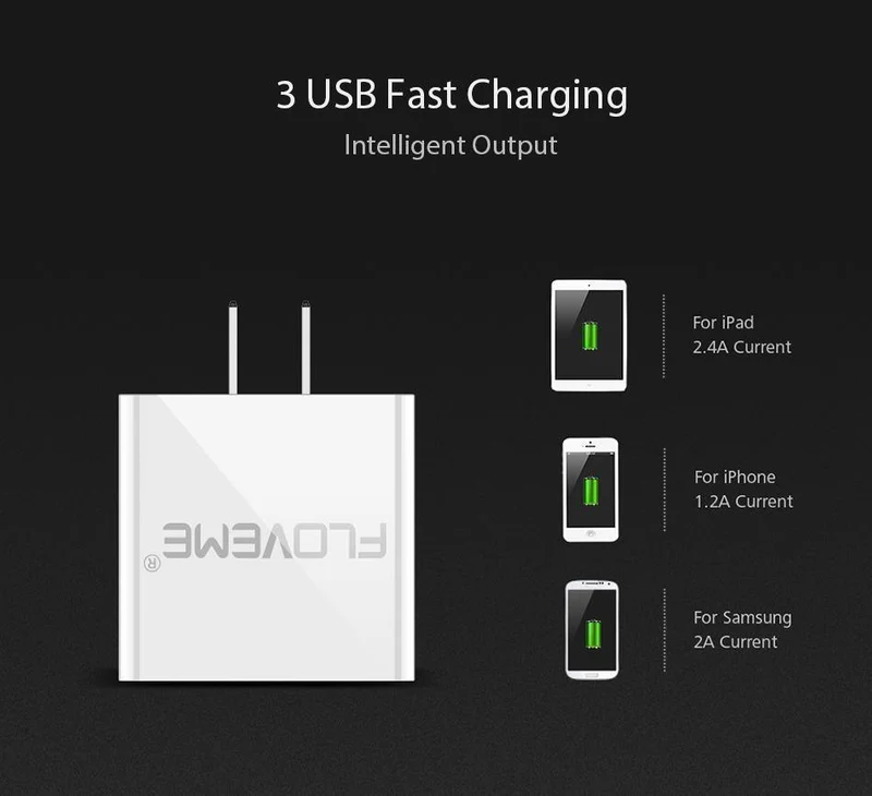 FLOVEME 5V3A LED-Anzeige 3-Port-USB-Ladegerät für iPhone X Xs Max Universelles Schnelllade-Handy-Ladegerät für Xiaomi Huawei