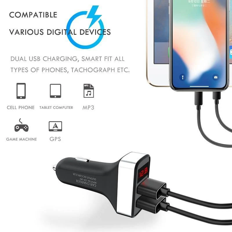 ZNP Autoladegerät Digitalanzeige Dual Port USB-Adapter 2.1A Autoladegerät Doppel-USB für iPhone Xiaomi Telefon Aufladen für Samsung
