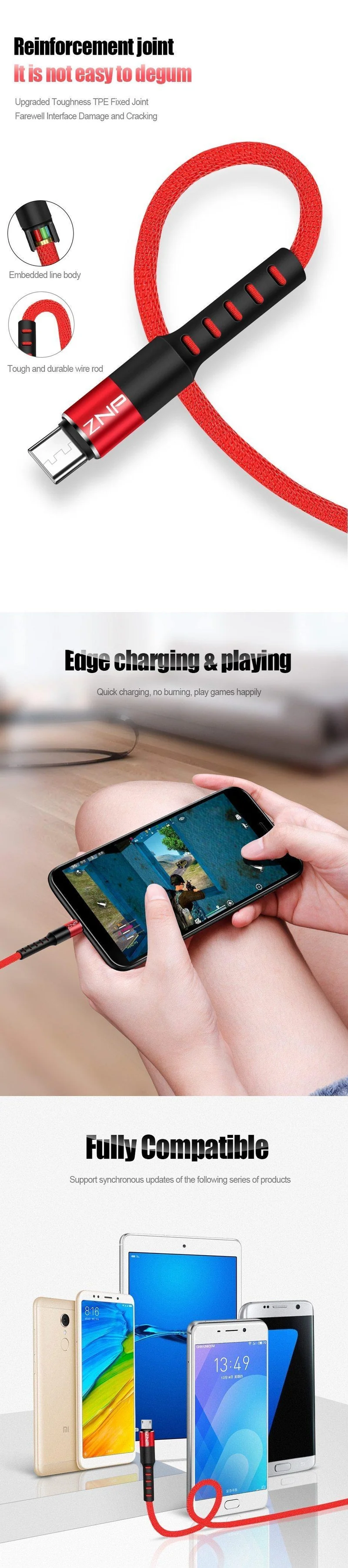 ZNP 1 m Micro-USB-Kabel für Xiaomi Redmi Note 5 Pro 4 LG, reversibles Micro-USB-Lade-/Datenkabel für Samsung S7-Mobiltelefon