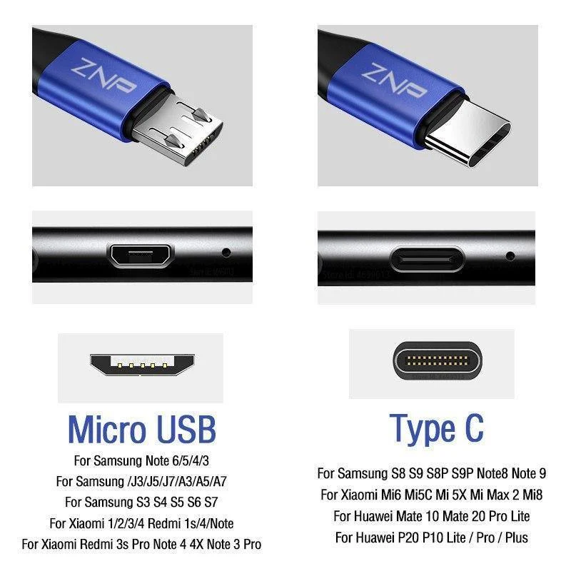 ZNP 1 m Micro-USB-Kabel für Xiaomi Redmi Note 5 Pro 4 LG, reversibles Micro-USB-Lade-/Datenkabel für Samsung S7-Mobiltelefon