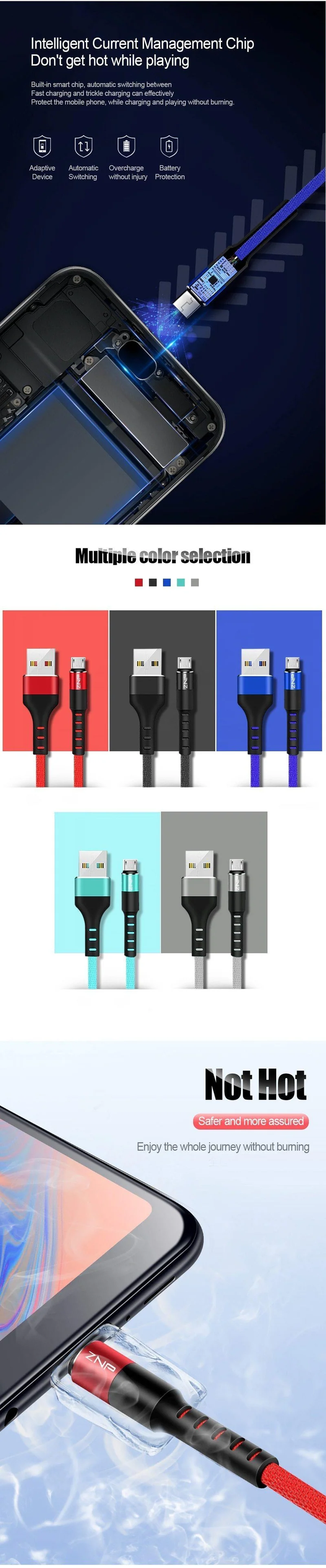 ZNP 1 m Micro-USB-Kabel für Xiaomi Redmi Note 5 Pro 4 LG, reversibles Micro-USB-Lade-/Datenkabel für Samsung S7-Mobiltelefon