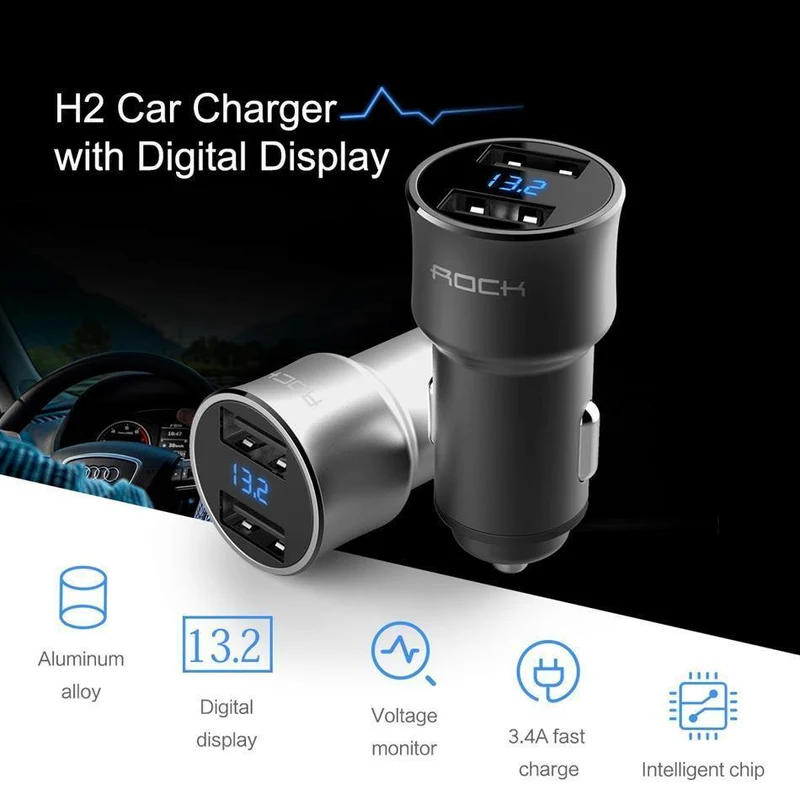 5 V, 3.4 A Autoladegerät mit Digitalanzeige, ROCK-Bildschirm mit Digitalanzeige, Dual-USB-Autoladegerät, 2 Anschlüsse, Autotelefonladegerät, Ausverkauf 49 %