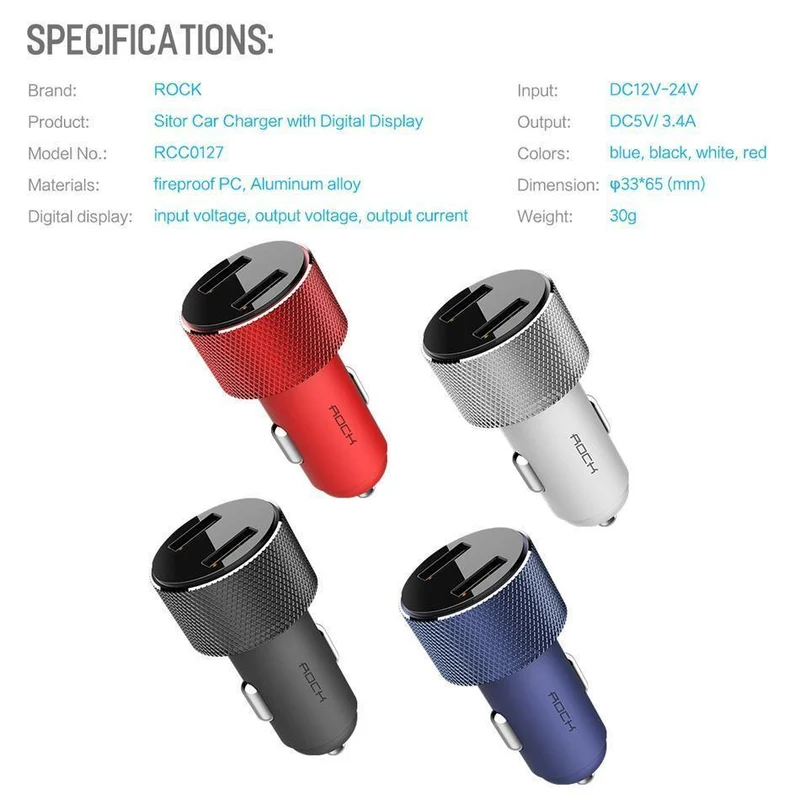ROCK Mini Dual USB Autoladegerät LED-Anzeige Universal 3.4A Handy Tablet Schnelllade-USB-Ladegerät für Auto 2 USB-Adapter