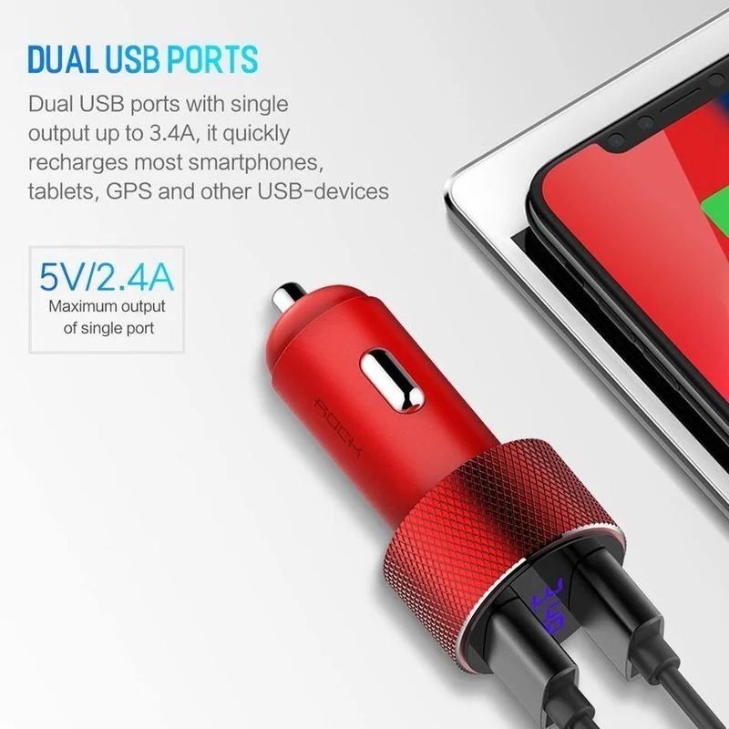 ROCK Mini Dual USB Autoladegerät LED-Anzeige Universal 3.4A Handy Tablet Schnelllade-USB-Ladegerät für Auto 2 USB-Adapter