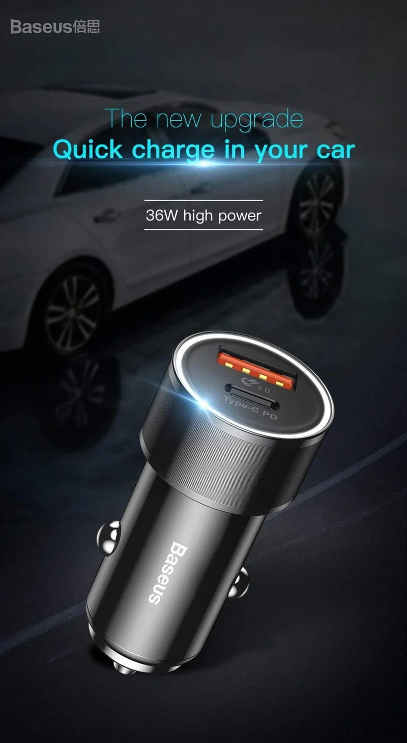 Baseus 36w USB-Autoladegerät Quick Charge 3.0 QC QC3.0 Typ C PD Schnellladegerät für das Auto für iPhone Samsung Xiaomi Mobiltelefon