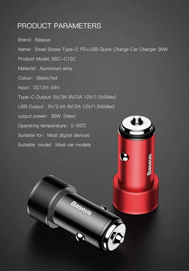 Baseus 36w USB-Autoladegerät Quick Charge 3.0 QC QC3.0 Typ C PD Schnellladegerät für das Auto für iPhone Samsung Xiaomi Mobiltelefon