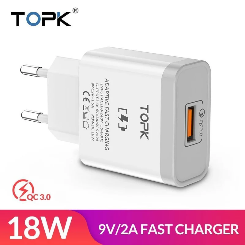 TOPK 18W Quick Charge 3.0 Schnelles Handy-Ladegerät EU-Stecker Wand-USB-Ladegerät-Adapter für iPhone Samsung Xiaomi Huawei