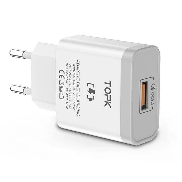 TOPK 18W Quick Charge 3.0 Schnelles Handy-Ladegerät EU-Stecker Wand-USB-Ladegerät-Adapter für iPhone Samsung Xiaomi Huawei