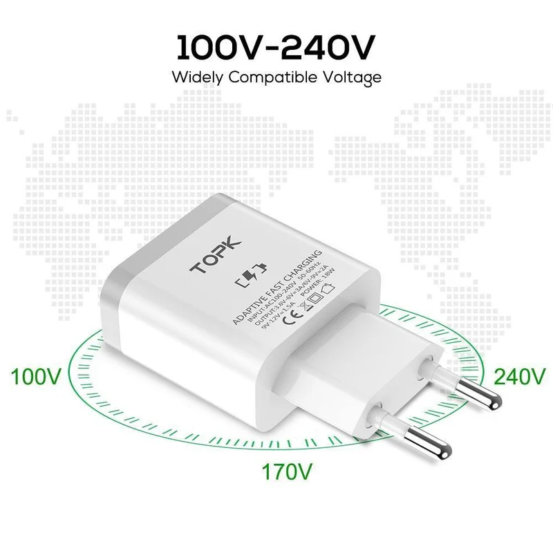 TOPK 18W Quick Charge 3.0 Schnelles Handy-Ladegerät EU-Stecker Wand-USB-Ladegerät-Adapter für iPhone Samsung Xiaomi Huawei
