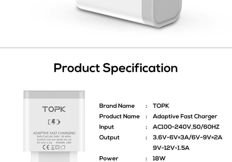 TOPK 18W Quick Charge 3.0 Schnelles Handy-Ladegerät EU-Stecker Wand-USB-Ladegerät-Adapter für iPhone Samsung Xiaomi Huawei
