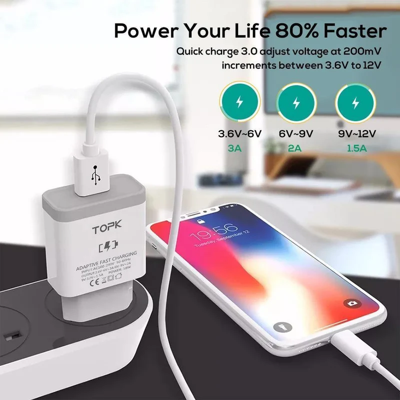 TOPK 18W Quick Charge 3.0 Schnelles Handy-Ladegerät EU-Stecker Wand-USB-Ladegerät-Adapter für iPhone Samsung Xiaomi Huawei