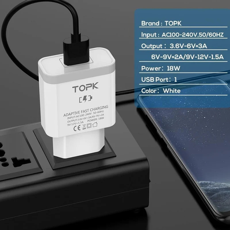 TOPK 18W Quick Charge 3.0 Schnelles Handy-Ladegerät EU-Stecker Wand-USB-Ladegerät-Adapter für iPhone Samsung Xiaomi Huawei