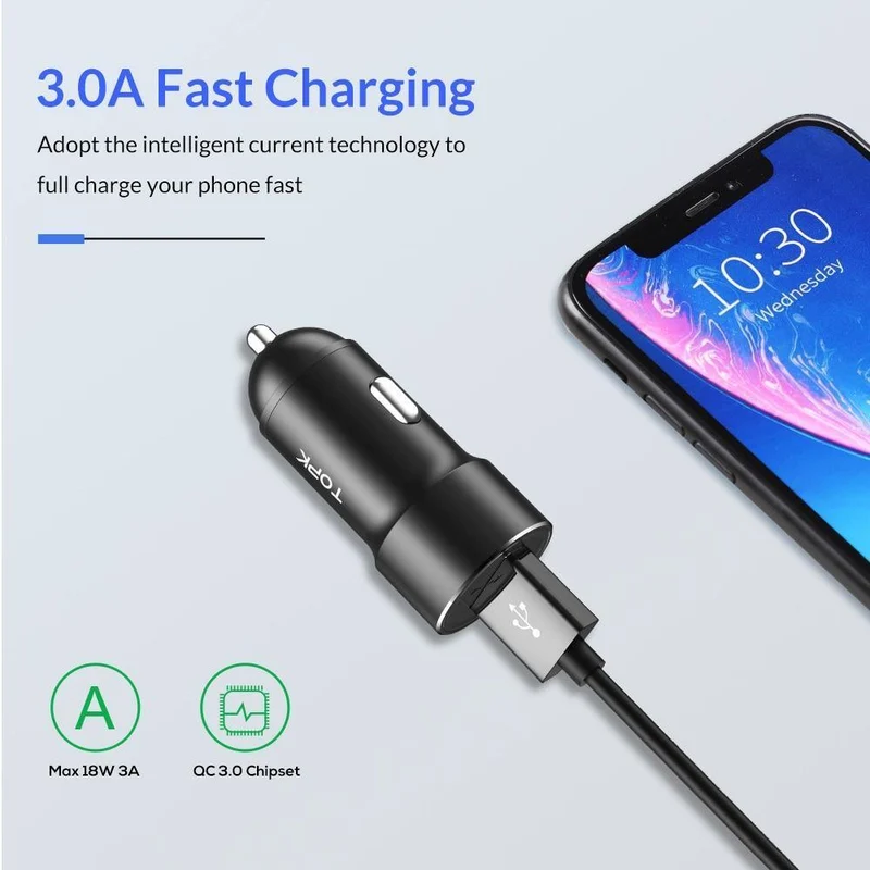 TOPK USB Autoladegerät Quick Charge 3.0 Handyladegerät Schnelles QC3.0 Autoladegerät für Samsung Xiaomi Huawei Adapter im Auto
