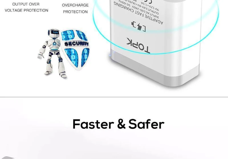 TOPK Handy-Ladegerät 18W Quick Charge 3.0 Schnelles USB-Ladegerät EU-Stecker Wand-Reiseadapter für Samsung Galaxy S9/S8 Xiaomi LG