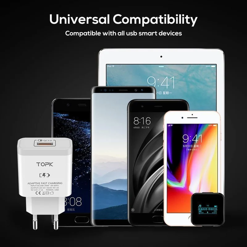 TOPK Handy-Ladegerät 18W Quick Charge 3.0 Schnelles USB-Ladegerät EU-Stecker Wand-Reiseadapter für Samsung Galaxy S9/S8 Xiaomi LG