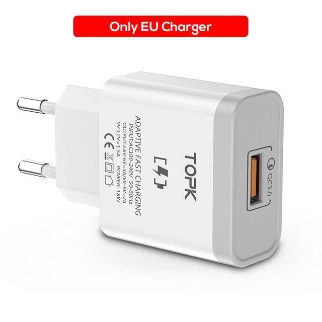 TOPK Handy-Ladegerät 18W Quick Charge 3.0 Schnelles USB-Ladegerät EU-Stecker Wand-Reiseadapter für Samsung Galaxy S9/S8 Xiaomi LG