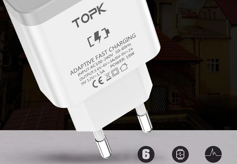 TOPK Handy-Ladegerät 18W Quick Charge 3.0 Schnelles USB-Ladegerät EU-Stecker Wand-Reiseadapter für Samsung Galaxy S9/S8 Xiaomi LG
