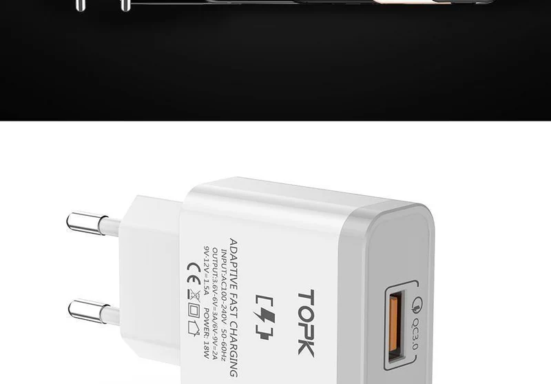 TOPK 18W Quick Charge 3.0 Schnelles Handy-Ladegerät EU-Stecker Wand-USB-Ladeadapter für Samsung Galaxy S8/S8+ Xiaomi Huawei