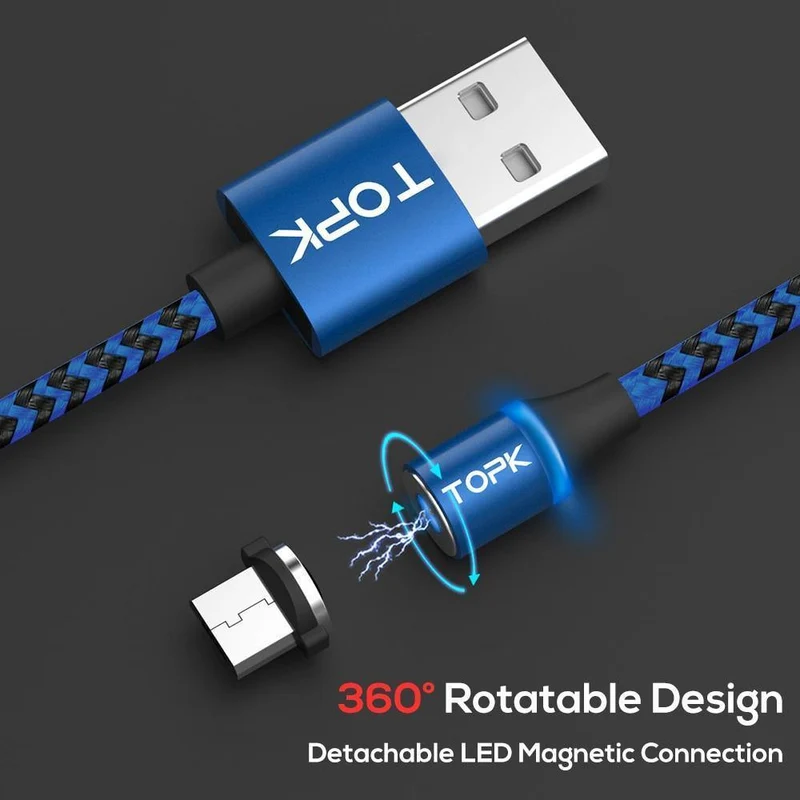 TOPK R-Line3 Micro-USB-Magnetkabel, geflochtenes Nylon-Mobiltelefonkabel für den Micro-USB-Anschluss, Micro-USB-LED-Magnet-Ladekabel