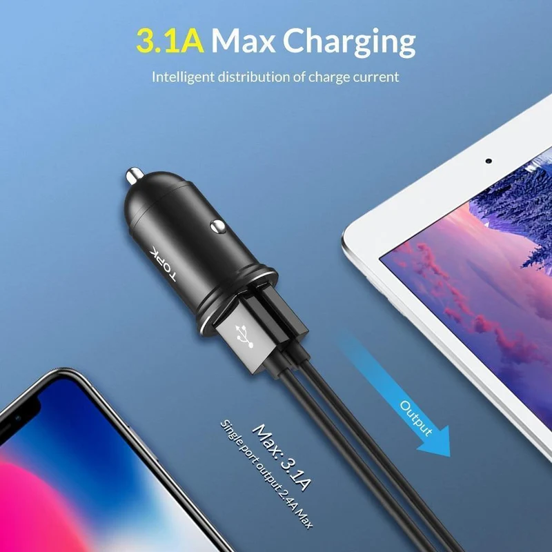 TOPK Mini-USB-Autoladegerät für iPhone Xiaomi Handy Tablet 3.1A Schnelllade-Dual-USB-Autoladegerät-Adapter im Auto