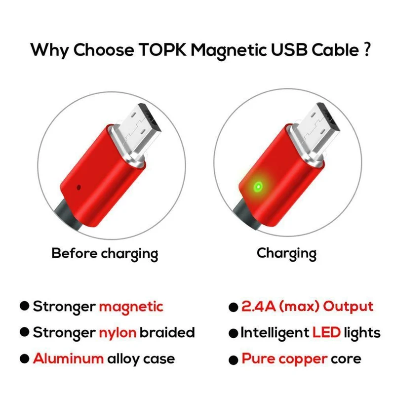 TOPK Magnetisches USB-Kabel für iPhone Xs Max Micro USB Typ C Magnetladegerät Datenladekabel für Mobiltelefone für Samsung Xiaomi