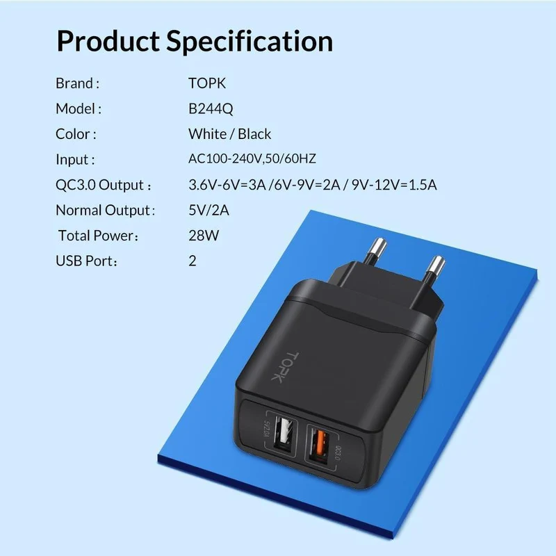 TOPK Quick Charge 3.0 18W QC 3.0 Dual USB Ladegerät Adapter EU Stecker Reise Wand Handy Ladegerät für iPhone Samsung Xiaomi
