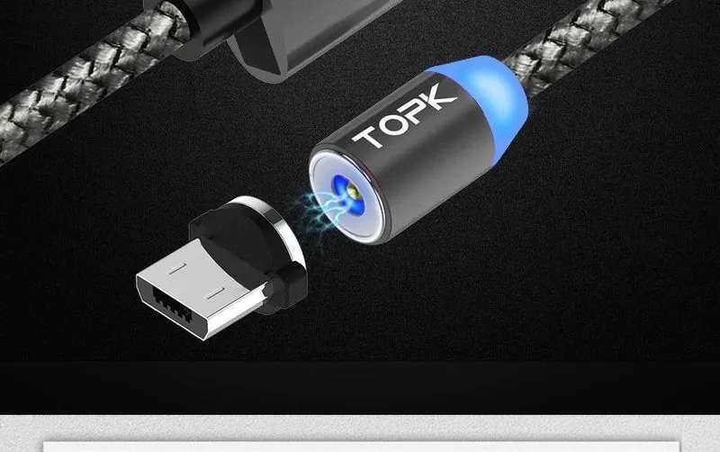 TOPK R-Line1 LED-magnetisches Micro-USB-Kabel, verbessertes reflektierendes geflochtenes magnetisches Nylon-Lade-USB-Kabel für Telefone mit Micro-USB-Anschluss