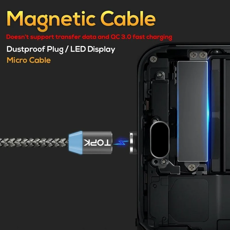 TOPK R-Line1 LED-magnetisches Micro-USB-Kabel, verbessertes reflektierendes geflochtenes magnetisches Nylon-Lade-USB-Kabel für Telefone mit Micro-USB-Anschluss