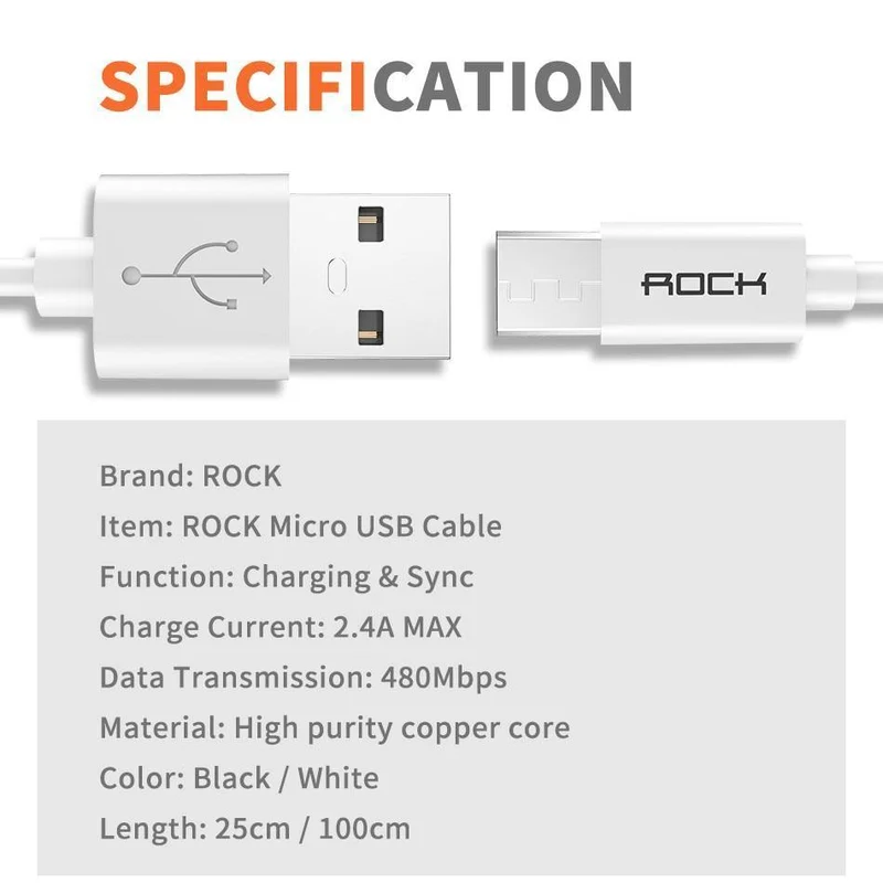 3er-Pack ROCK Micro-USB-Kabel 5V2A Schnellladekabel für Mobiltelefone USB-Ladekabel für SamSung Xiaomi Huawei Android Sync-Datumskabel