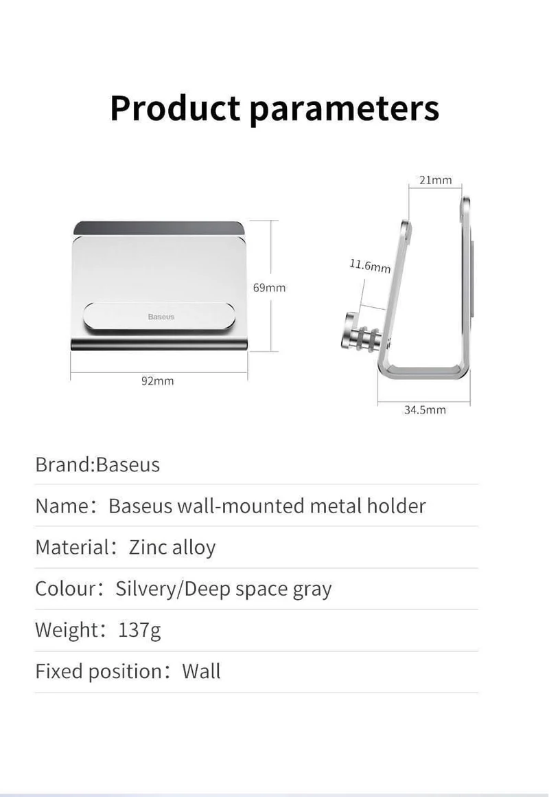 Baseus Wandhalterung für iPhone Xs Max X 8 Metall Stark klebender Handyhalter für Samsung Huawei Xiaomi Ladegerätständer