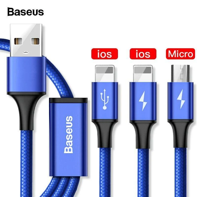 Baseus 3 in 1 USB-Kabel für iPhone Xs Max Xr X 8 7 6 6s 5 5s SE Charing Ladegerät Micro USB-Kabel für Samsung Xiaomi Android-Telefon