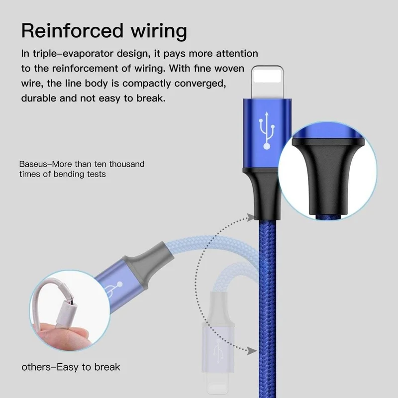 Baseus 3 in 1 USB-Kabel für iPhone Xs Max Xr X 8 7 6 6s 5 5s SE Charing Ladegerät Micro USB-Kabel für Samsung Xiaomi Android-Telefon