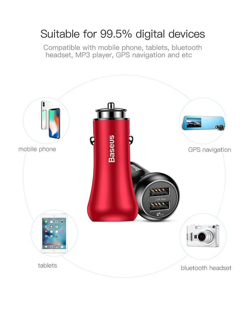 Baseus Quick Charge 3.0 USB-Autoladegerät QC QC3.0 Turbo-Schnelllade-Dual-Auto-USB-Ladegerät für iPhone Xs X Xiaomi Mi Mobiltelefon