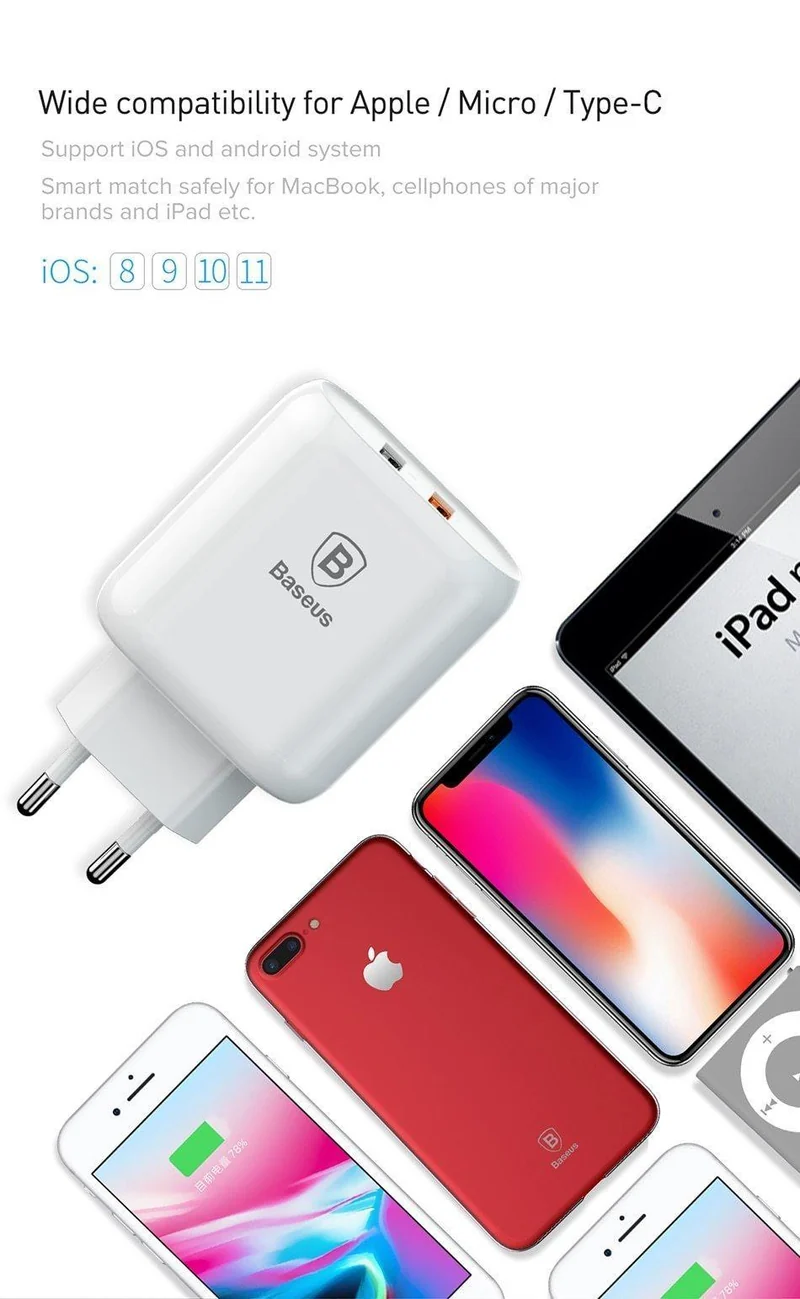 Baseus 23W Quick Charge 3.0 USB-Ladegerät für iPhone Samsung Xiaomi QC3.0 5V/3A Schnelllade-EU-Reisewand-Handyladegerät