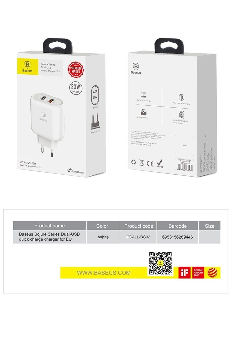 Baseus 23W Quick Charge 3.0 USB-Ladegerät für iPhone Samsung Xiaomi QC3.0 5V/3A Schnelllade-EU-Reisewand-Handyladegerät