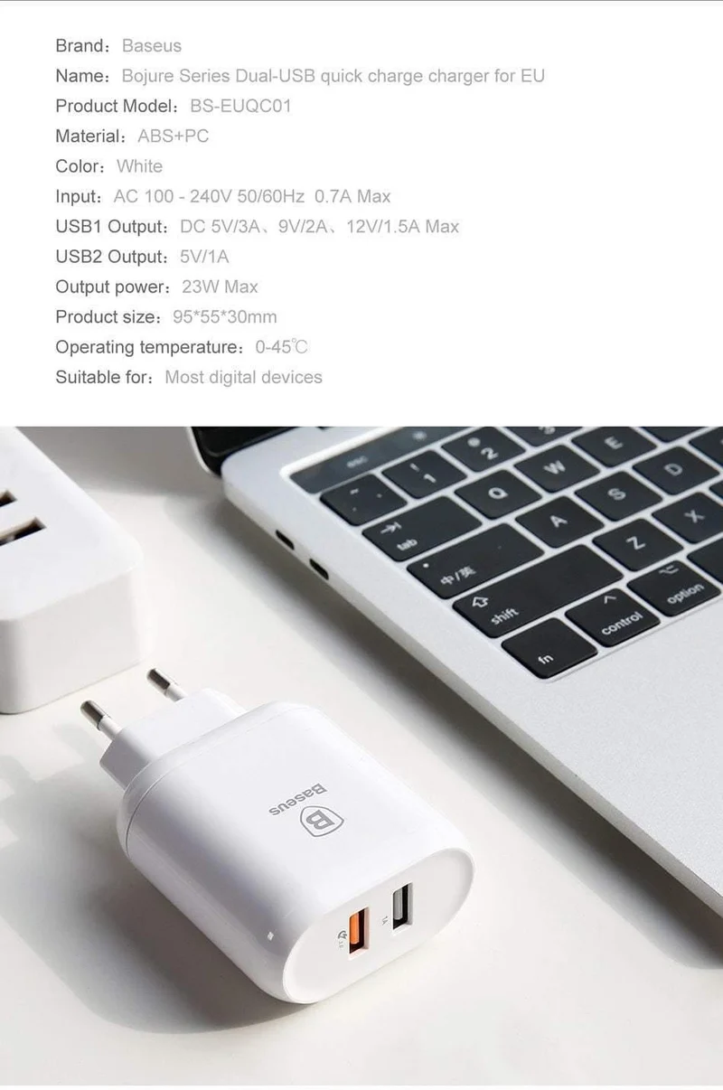 Baseus 23W Quick Charge 3.0 USB-Ladegerät für iPhone Samsung Xiaomi QC3.0 5V/3A Schnelllade-EU-Reisewand-Handyladegerät