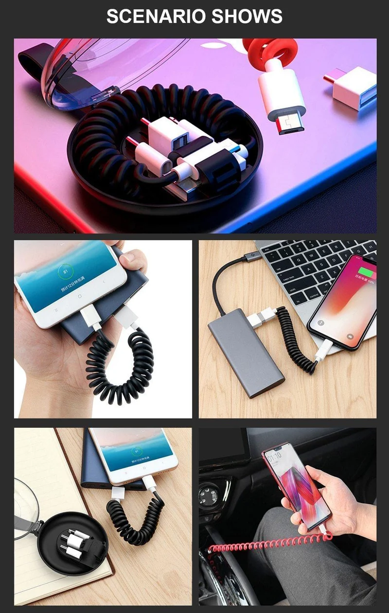 Feder-Teleskop-Datenkabel, universeller Handy-Ladeadapter, Feder-Ladekabel für Apple Typ C und Android USB