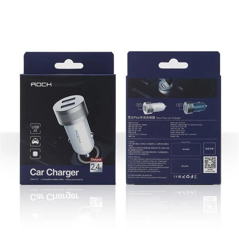 ROCK Sitor Autoladegerät 2.4A Schnellladung Dual Ports Aluminiumlegierung für iPhone Samsung Telefon Reisezigarettenanzünder DC 12-24V