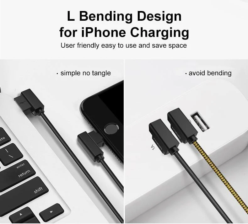 ROCK-Telefonkabel für iPhone X 8 7 6 5 Plus, 90 Grad rechtwinklig, 2.1A Schnellladegerät, L-Biegedesign, Kabel für iPad 2 3 4 Air Pro