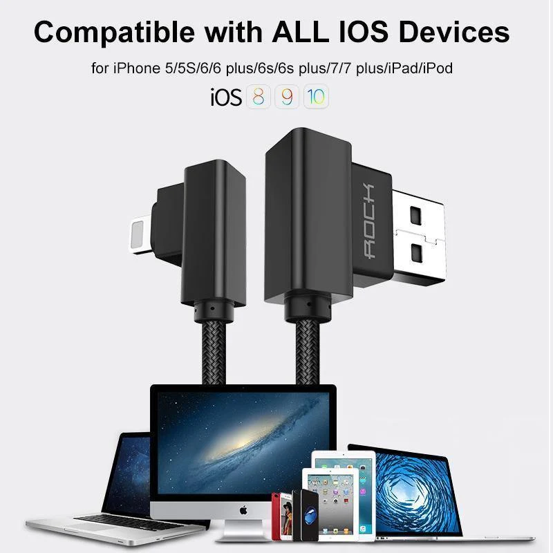 ROCK-Telefonkabel für iPhone X 8 7 6 5 Plus, 90 Grad rechtwinklig, 2.1A Schnellladegerät, L-Biegedesign, Kabel für iPad 2 3 4 Air Pro