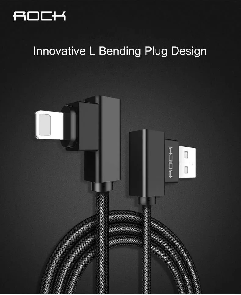 ROCK-Telefonkabel für iPhone X 8 7 6 5 Plus, 90 Grad rechtwinklig, 2.1A Schnellladegerät, L-Biegedesign, Kabel für iPad 2 3 4 Air Pro