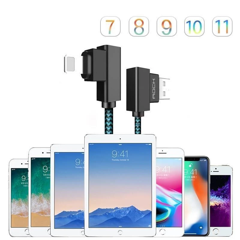 ROCK-Telefonkabel für iPhone X 8 7 6 5 Plus, 90 Grad rechtwinklig, 2.1A Schnellladegerät, L-Biegedesign, Kabel für iPad 2 3 4 Air Pro