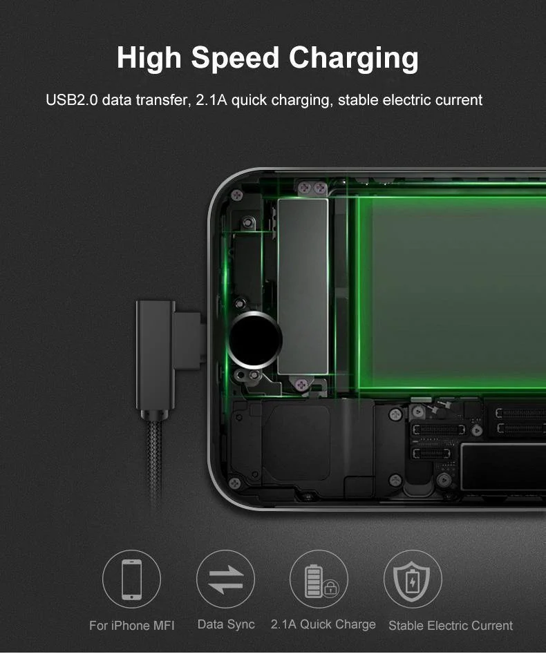 ROCK-Telefonkabel für iPhone X 8 7 6 5 Plus, 90 Grad rechtwinklig, 2.1A Schnellladegerät, L-Biegedesign, Kabel für iPad 2 3 4 Air Pro