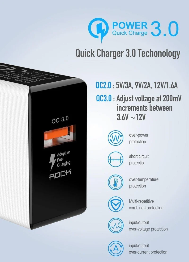 ROCK 18W Quick Charge QC 3.0 Telefonladegerät Reise-Wandadapter QC3.0 FCP Universal für Xiaomi iPhone Samsung Huawei EU-Stecker