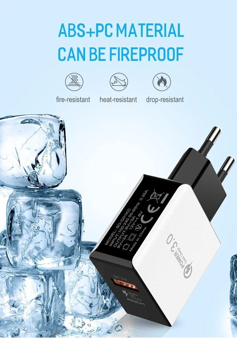 ROCK 18W Quick Charge QC 3.0 Telefonladegerät Reise-Wandadapter QC3.0 FCP Universal für Xiaomi iPhone Samsung Huawei EU-Stecker