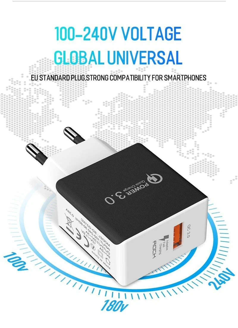 ROCK 18W Quick Charge QC 3.0 Telefonladegerät Reise-Wandadapter QC3.0 FCP Universal für Xiaomi iPhone Samsung Huawei EU-Stecker