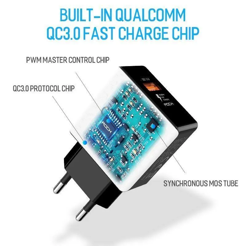 ROCK QC 3.0 USB-Schnellladegerät für Mobiltelefone, Reise-Wandadapter 18 W QC3.0 FCP Universal für Xiaomi iPhone Samsung Huawei EU-Stecker