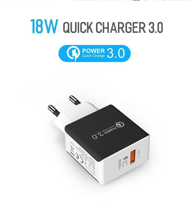 ROCK QC 3.0 USB-Schnellladegerät für Mobiltelefone, Reise-Wandadapter 18 W QC3.0 FCP Universal für Xiaomi iPhone Samsung Huawei EU-Stecker
